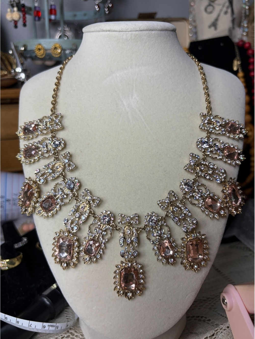 Gold Tone Statement Necklace with Pink and Clear Rhinestones